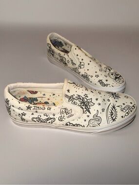 Vans White Slip-On Sneakers with Black Tattoo Doodle Print